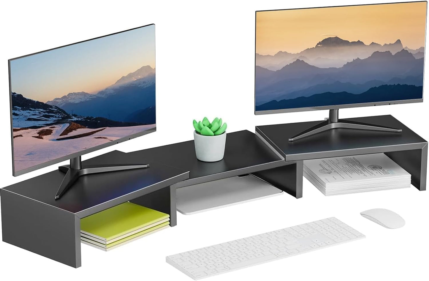 Dual Monitor Stand for Desk, Metal Computer Stand, Desk Shelf Riser,Desktop Organizer for Home and Office Use (Black)