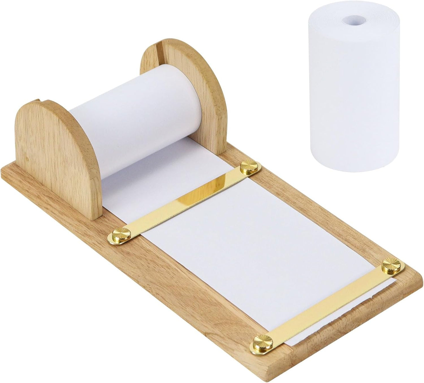 Buqoo Desktop Wooden Roll Dispenser, Bamboo Spool Sticky Note Clipboard Restaurant Writing Clip,Coffee Dessert Menu Holder, Tearable Shaft Wooden Paper Roll Dispenser with with 36ft Note Paper