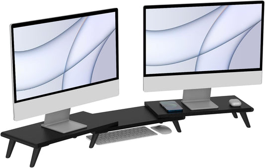 loukin Dual Monitor Stand Riser for Desk, 43.6"*8.2"*3.2" Large Computer Stand for 2 Monitors, Laptop, Printer, Length and Angle Adjustable Computer Shelf, Home Office,Max 43.6" Length(Black)