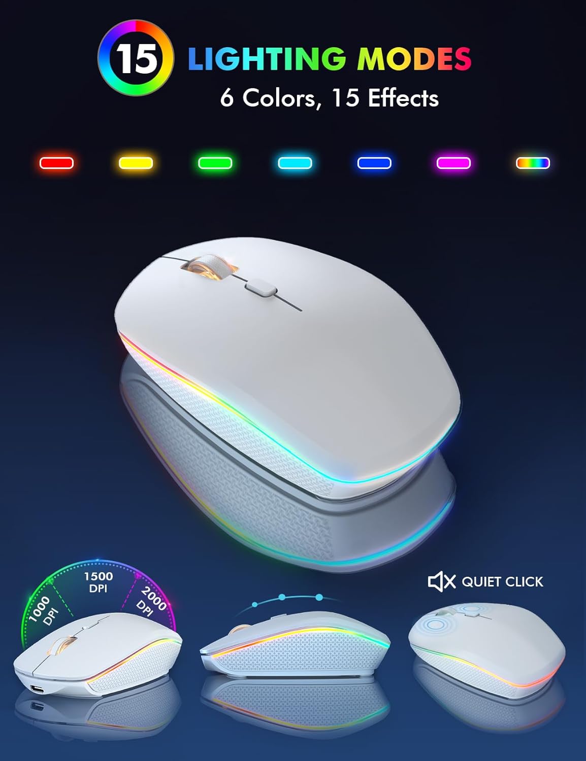 Wireless Keyboard and Mouse - RGB Backlit, Rechargeable & Light Up Letters, Full-Size, Ergonomic Tilt Angle, Sleep Mode, 2.4GHz Quiet Keyboard Mouse for Mac, Windows, Laptop, PC, Trueque(White)
