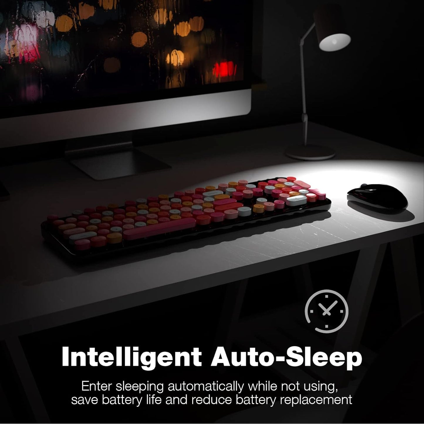 Wireless Keyboard and Mouse Combo, MOWUX Colorful Computer Full Size 2.4G Plug and Play Wireless Typewriter Keyboard and Mouse Set for Windows, Computer, Desktop, PC, Notebook (Black Colorful)