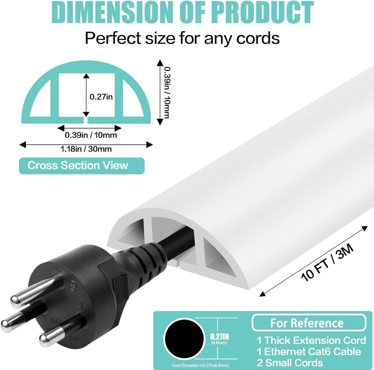 Floor Cord Cover Self Adhesive Cord Hider,10FT Cable Management, Extension Strip Protector for Wires, Prevent Cable Trips for Offices, Gyms, Exhibitions Cavity:0.39"(W) x 0.27"(H) White