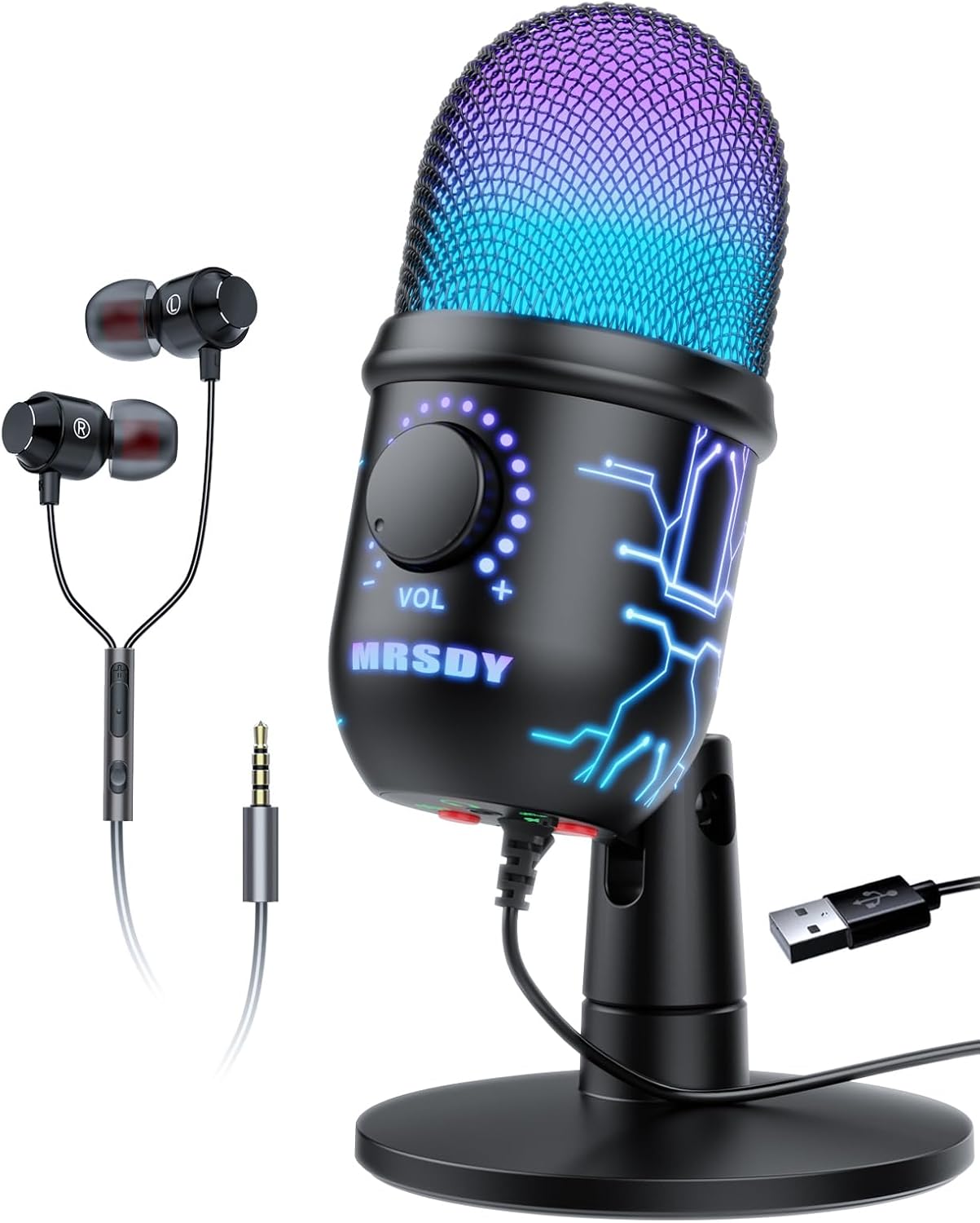USB Microphone for PC, Mac, PS4, PS5, RGB Computer Microphone with Monitor, Mute and Noise Reduction, Great for Recording, Streaming, Gaming, Podcasting