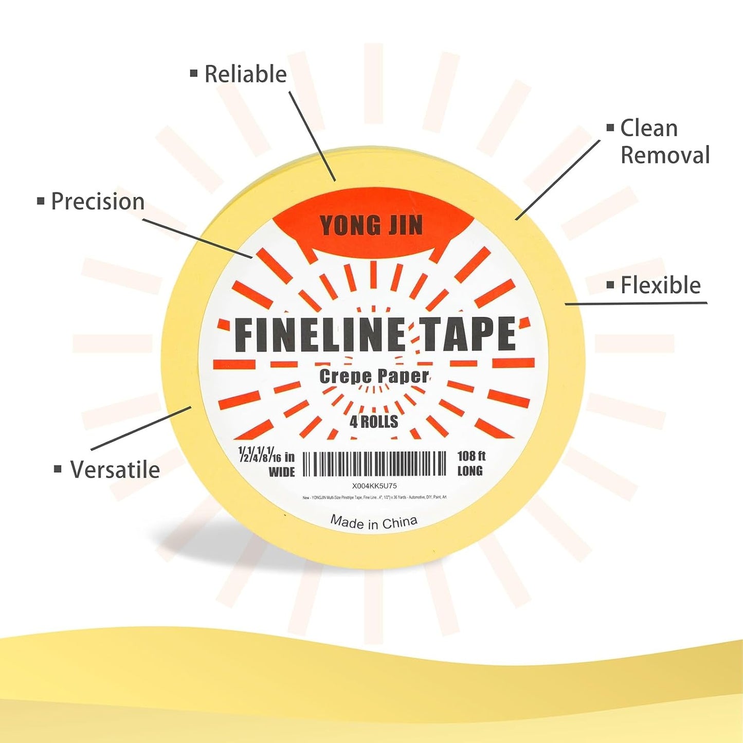 YONGJIN Multi-Size Pinstripe Tape, Fine Line Masking Tape Set for Automotive, DIY, Paint, Art (1/16", 1/8", 1/4", 1/2")