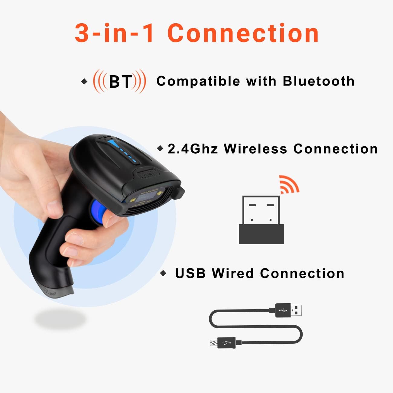 Tera Pro 1D Wireless Barcode Scanner 3 in 1 Bluetooth & 2.4G Wireless & USB Wired CCD Cordless 2500 Pixel Bar Code Reader with Battery Level Indicator for Windows Mac Android iOS Model T5100C