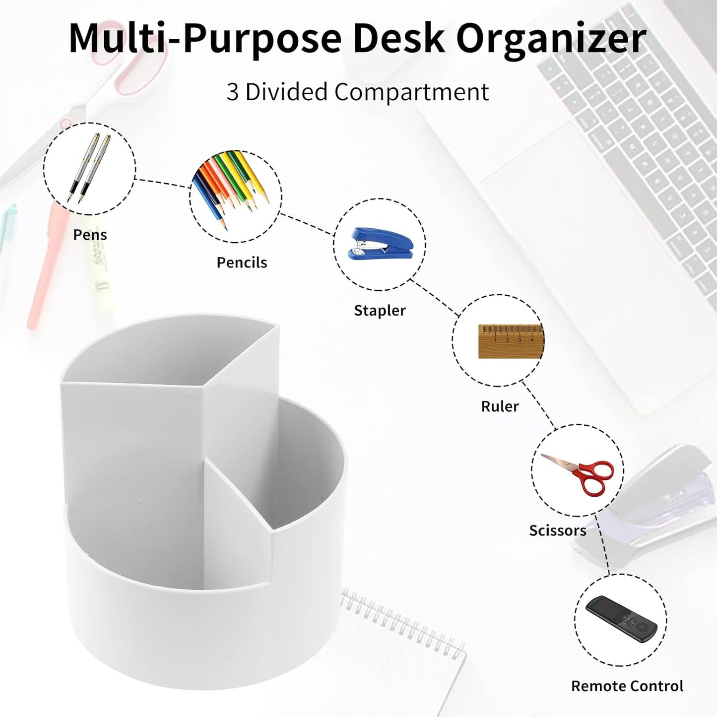 Desk Pencil Pen Holder, 3 Slots 360-Degree Spinning Organizers, Desktop Storage Stationery Supplies, Cute Cup Pot for Office, School, Art Supply, Kids - Gray