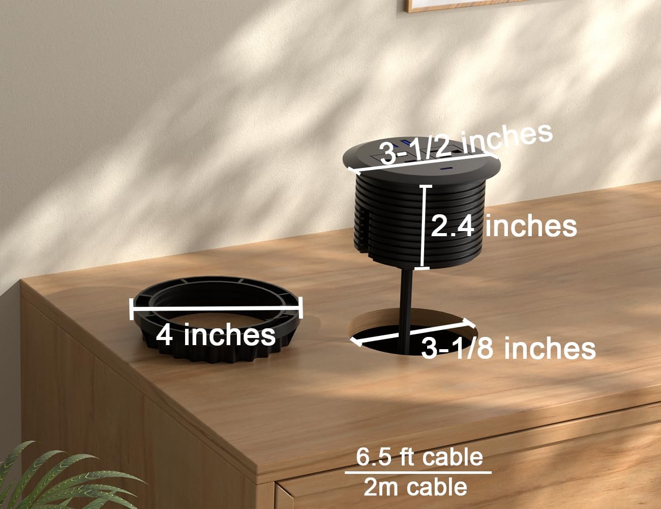 4 pcs 3 Inch Desktop Power Grommet,20W USB C Fast Charging Station,3-USB Port,Flush Mount,6.5 ft Power Cord.Round Recessed Power Outlet,Desk Hole Grommet Outlet for Workspace,Sofa,Black