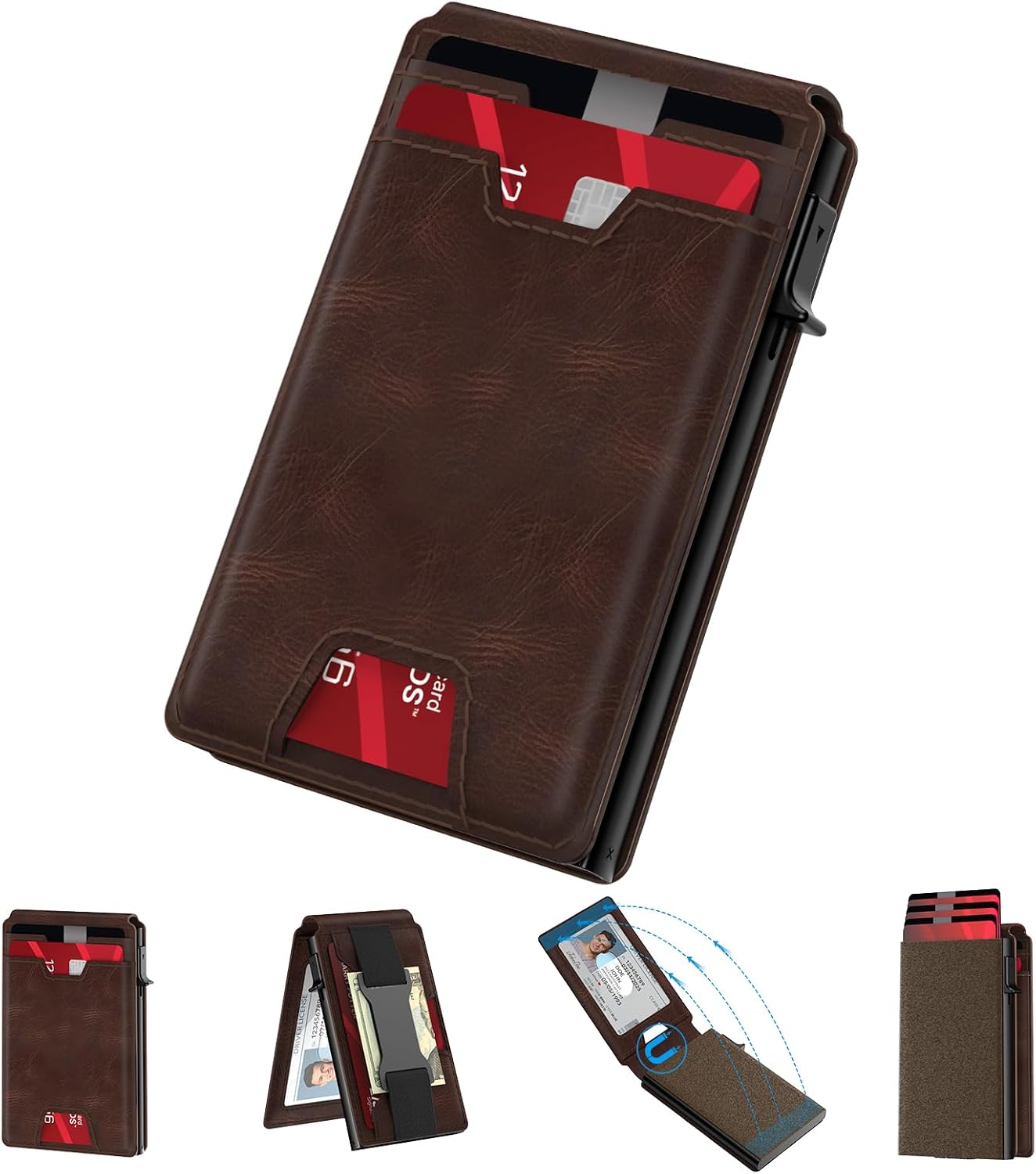 typecase Smart Wallet Card Holder for Men: Pop Up Card Case, Premium Genuine Leather, RFID Blocking, Slim, Minimalist, Thin, Front Pocket - 13 Card Capacitiy, ID Window, Cash Strap (Brown)