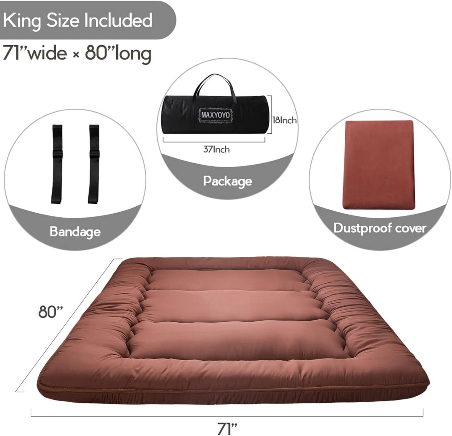 Japanese Shiki Futon Mattress Floor Mattress Thicken Tatami Mat Sleeping Pad Roll Up Mattress Floor Lounger Bed Rolling Up Couch Bed Mattress Pad for Guest Room, Coffee, King