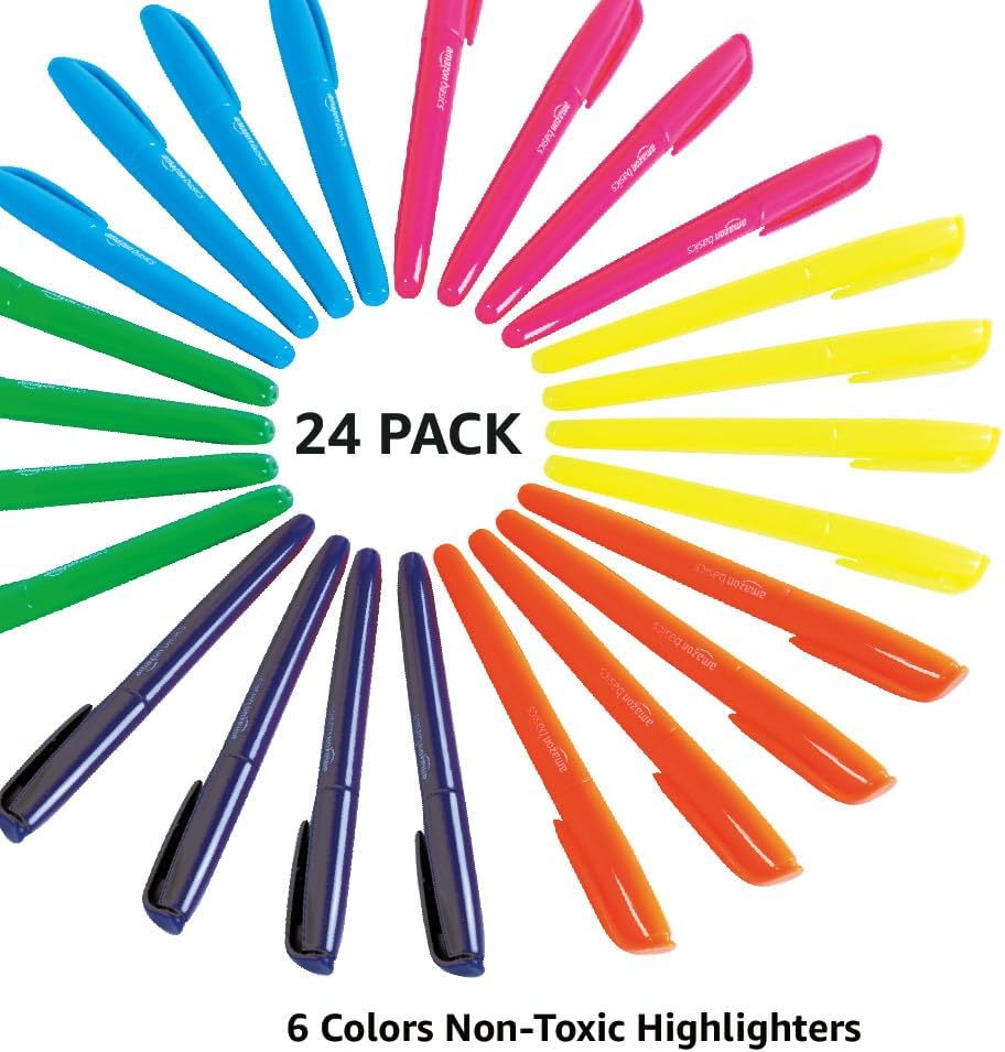 Amazon Basics Highlighters, Fluorescent Ink, Chisel Tip, School Supplies, 24 Pack, Multicolor