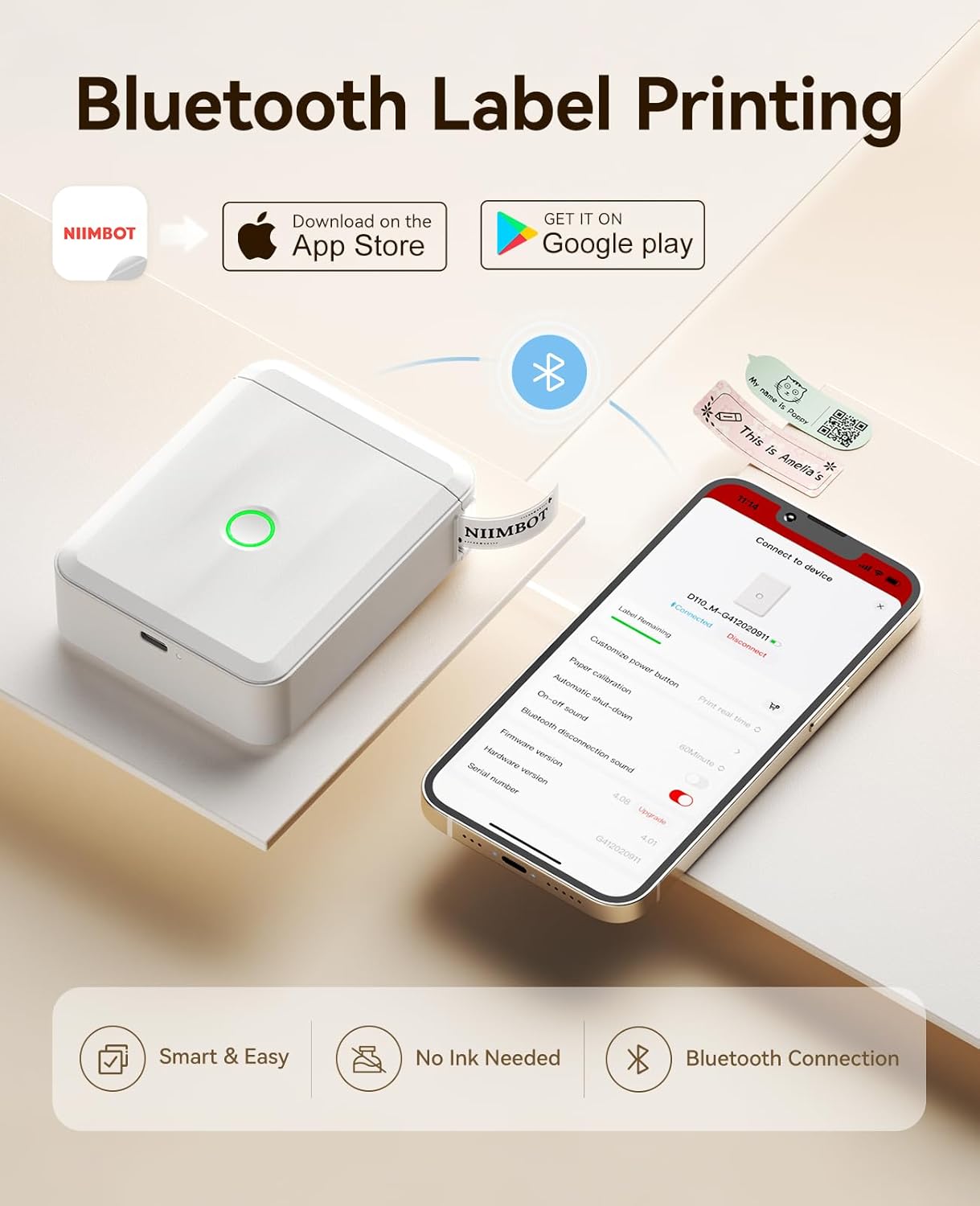NIIMBOT Label Maker Machine Bluetooth Label Printer for School Home Office Organization, Wireless Mini Labeler D110 Upgraded Version, Label Machine with Label, White
