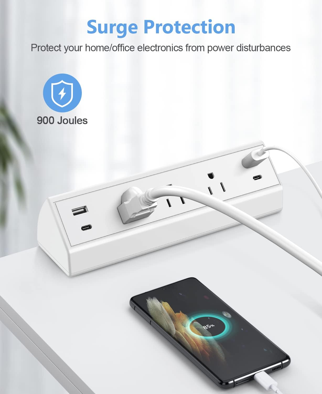 Jgstkcity Desk Clamp Power Strip,40W Total Fast Charging Station,2 PD 20W USB C Ports,Desk Edge Mount Surge Protector for Home, Office,3 Outlets,Fit 1.96" Tabletop Edge,ETL Listed,White