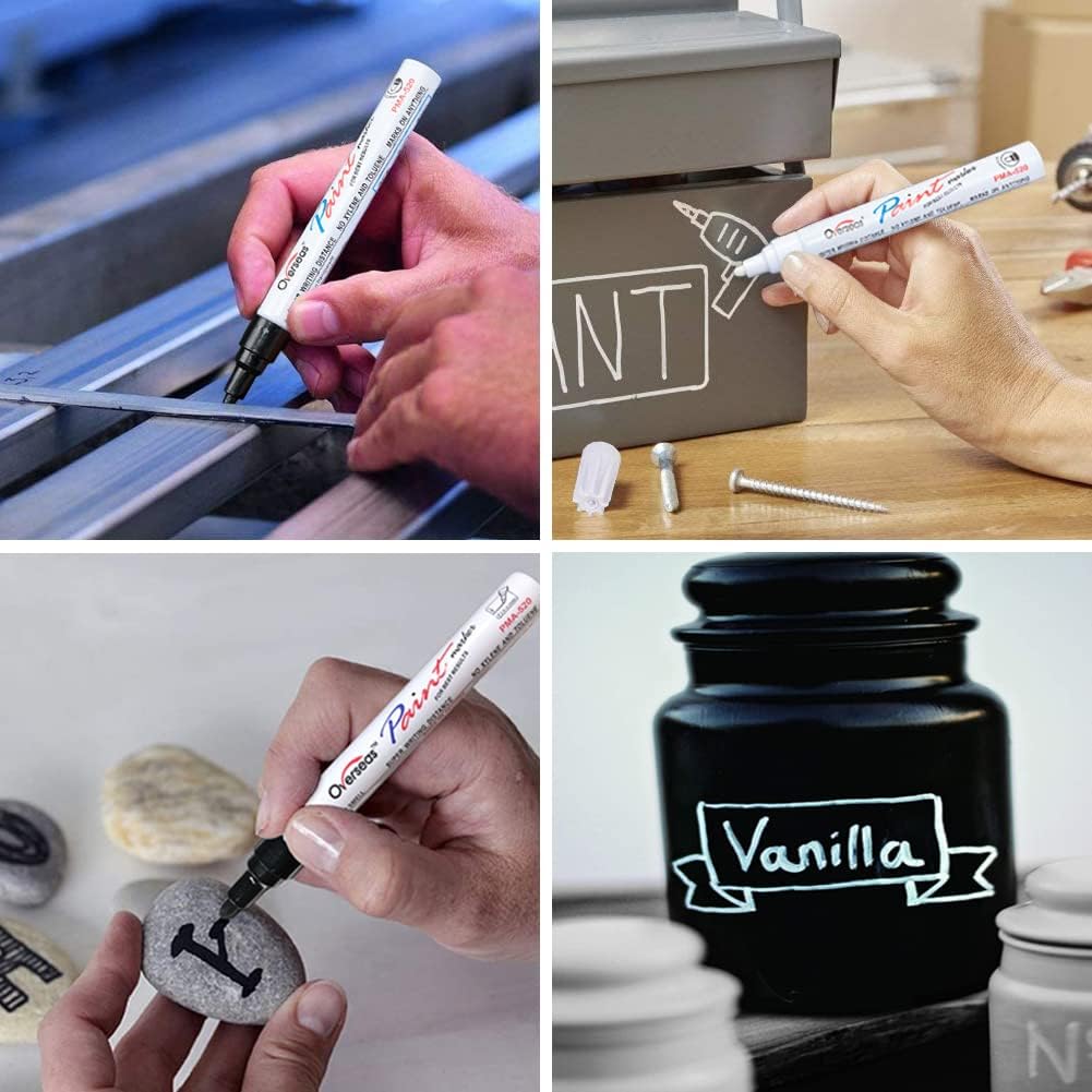 Overseas White and Black Paint Pens, 6 Pack Oil Based Permanent Markers - Medium Tip, Quick Dry and Waterproof Paint Markers for Rock, Wood, Metal, Plastic, Canvas, Glass, Ceramics, Rubber, Stone