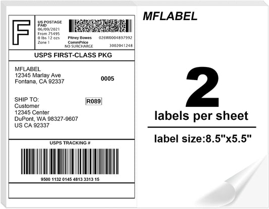 MFLABEL Half Sheet Label Laser/Ink Jet Shipping Label 8.5 x 11 Inches Packaging Labels, Address Labels for Laser & Inkjet Printers, 1500 Count(750 Sheets)