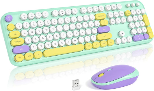 MOFII Wireless Keyboard and Mouse, Retro Typewriter Keyboard and Silent Mouse, 2.4GHz Full Size Keyboard and Mouse Wireless Combo for Laptop, PC, Desktop, Windows (Mint Green)