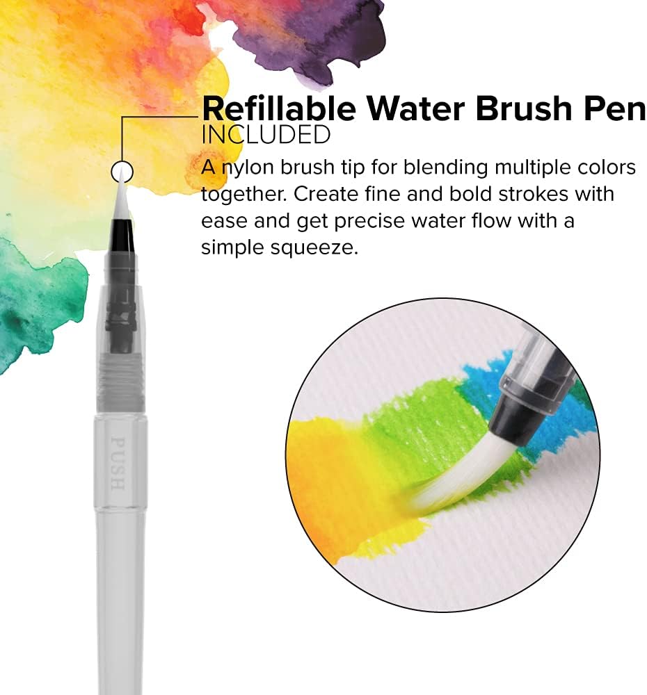 GenCrafts Watercolor Brush Pens Set of 50 Premium Colors - Real Brush Tips - No Mess Storage Case - Washable Nontoxic Markers - Portable Painting