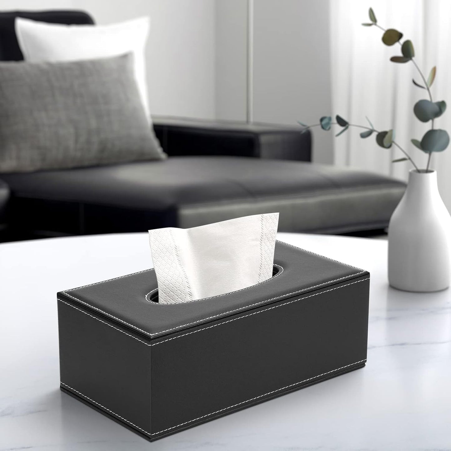 KINGFOM 3PCS/SET Desk Organizers and Accessories, Pu Leather Office Supplies Organization Set with Tissue Holder, Pencil Holder and Business Name Cards Stand Black