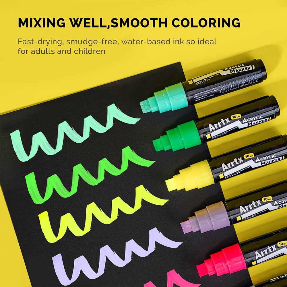 Arrtx Acrylic Jumbo Markers 10mm Broad Tips Acrylic Paint Pens for Stone, Glass, Easter Egg, Wood and Fabric Painting-No Toxic,No Odor