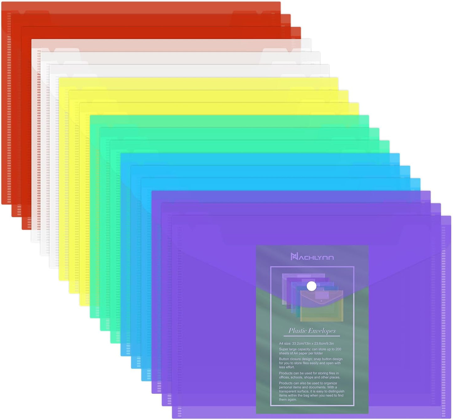 NACHLYNN 18 Pack Plastic Envelopes Poly Envelopes with Snap Closure A4 Size Clear Document File Folders Organizers Assorted Color File for School Office Supplies