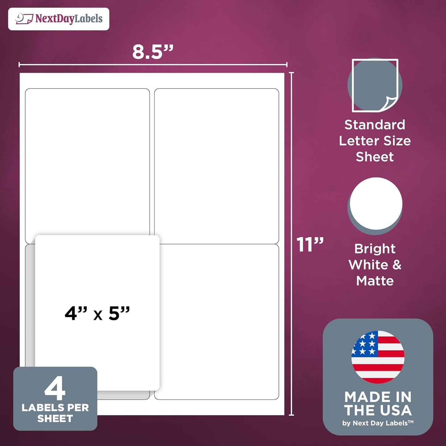 NextDayLabels – 4” x 5” Rectangular Sticker Labels for Printer - White Laser/Inkjet Printer Labels Return Address Labels Shipping Label Stickers (25 Sheets, 4 Per Sheet, 100 Labels)