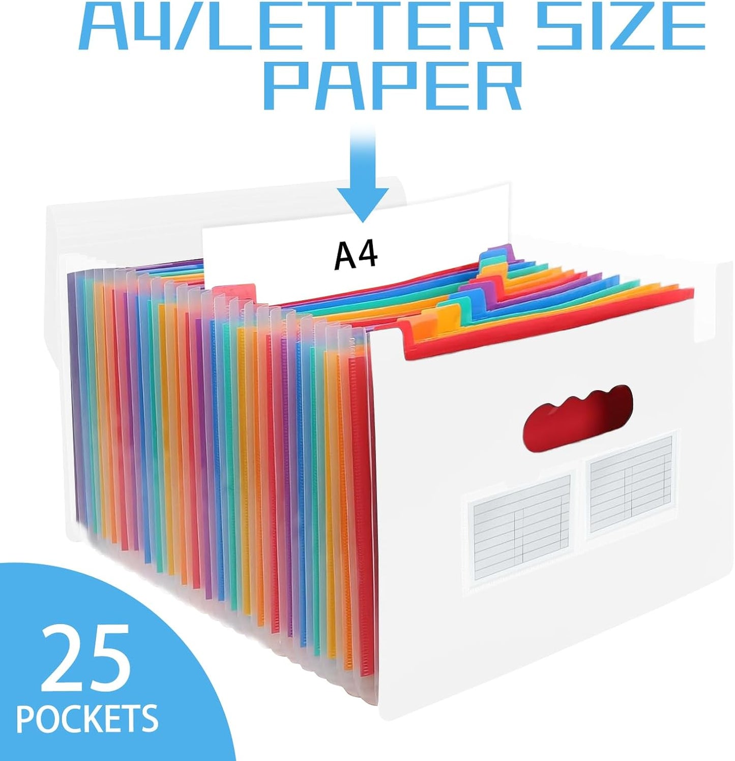25 Pockets Plastic Expanding File Folders with Tabs, White Accordion File Organizer, Portable Expandable Filing Box, Desktop Folder for School Office Letter A4 Paper Document Receipt Storage