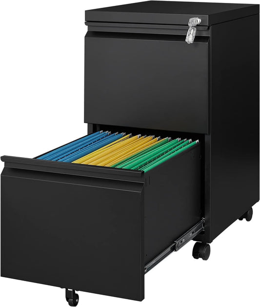 2 Drawer Metal File Cabinet with Lock, Rolling File Cabinets with Lock for A4/Legal/Letter Size, Under Desk Filing Cabinet for Home Office Assembly Required（Black）