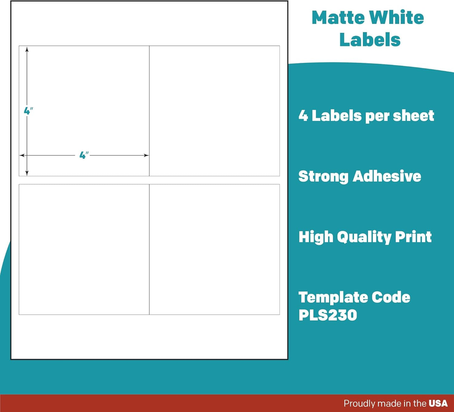 Premium Label Supply White Sticker Square Labels – 4" x 4" – Laser/Inkjet Compatiblee – (4 per Sheet), 100 Sheets - 400 Total Adhesive Labels