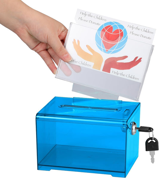 AdirOffice Crystal Blue Acrylic Donation Box with Lock - Multipurpose Suggestion Box for Office, Fundraisers, or School Voting - 6.25x4.5x4 Inches