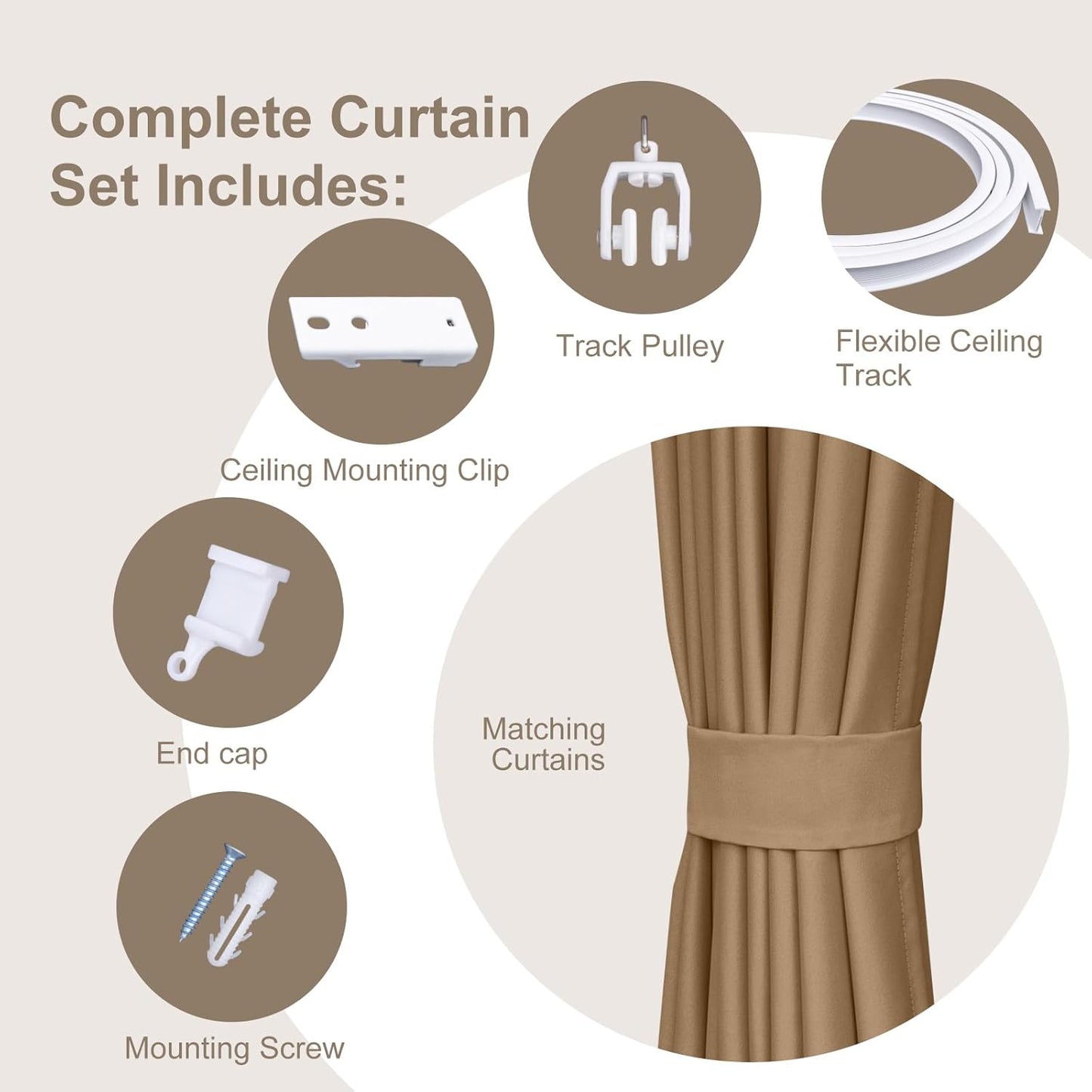 Room Divider Curtains & Flexible Bendable Tracks Set,Privacy Dividers Ceiling Track Curtain Window Blackout Curtains for Living Room Bedroom (W100 × H96 in 1 Panel Khaki Drape & White Rail)
