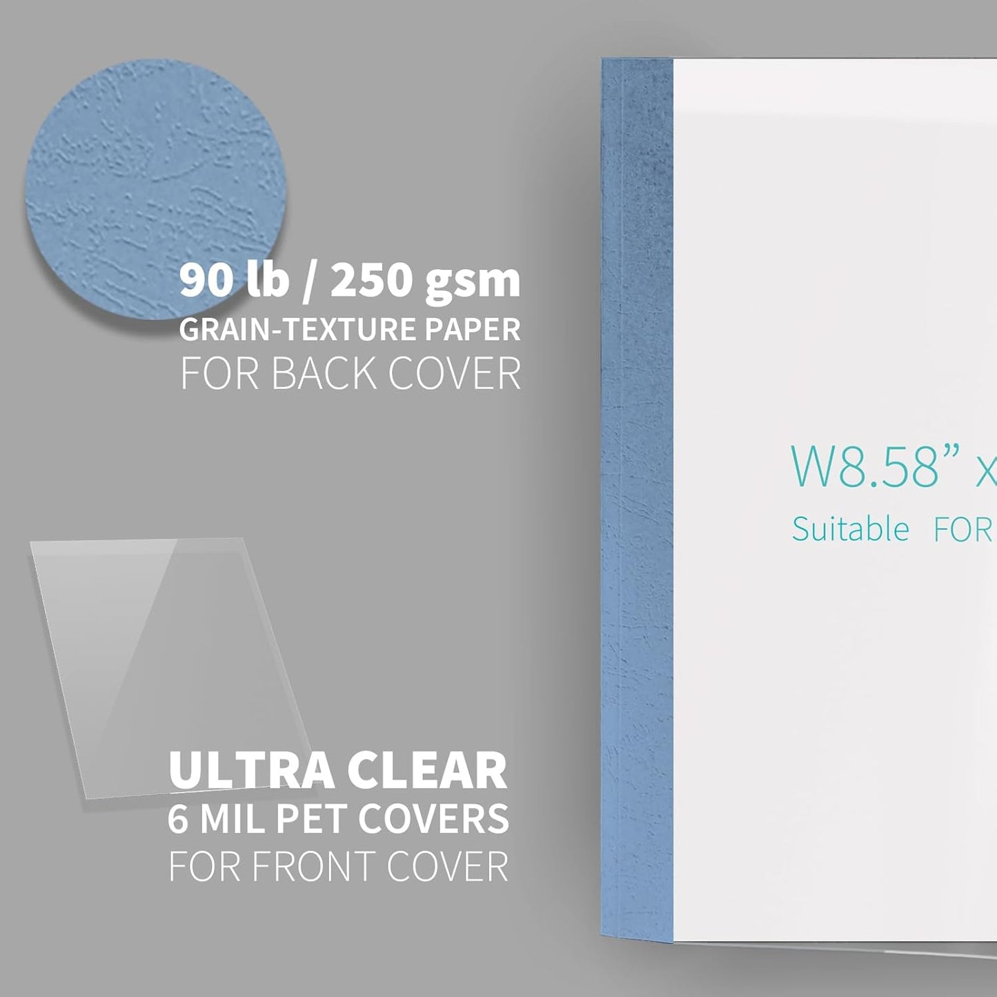 Binditek 10 Pack Thermal Binding Presentation Covers, 1/16 Inch Spine, Holds 15 Sheets, Ultra Clear Front Cover, Blue Paper Back Cover, Letter Size, for Students and Coworkers