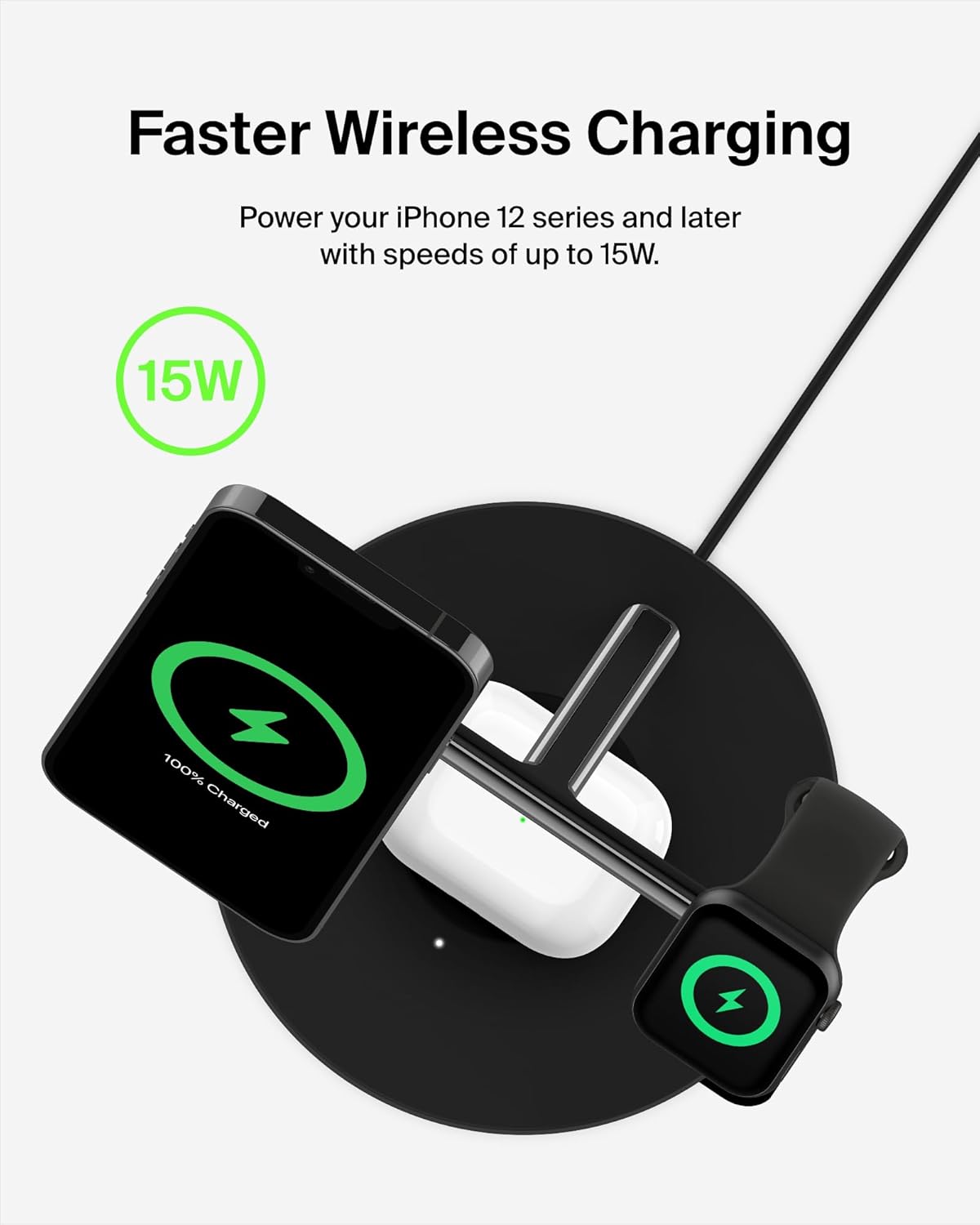 Belkin MagSafe Charger, 3-in-1 Wireless Charging Stand, 2ND GEN, 33% Faster for Apple Watch, iPhone 16, iPhone 15, iPhone 14 Series, AirPods - MagSafe Charging Station for Multiple Devices - Black