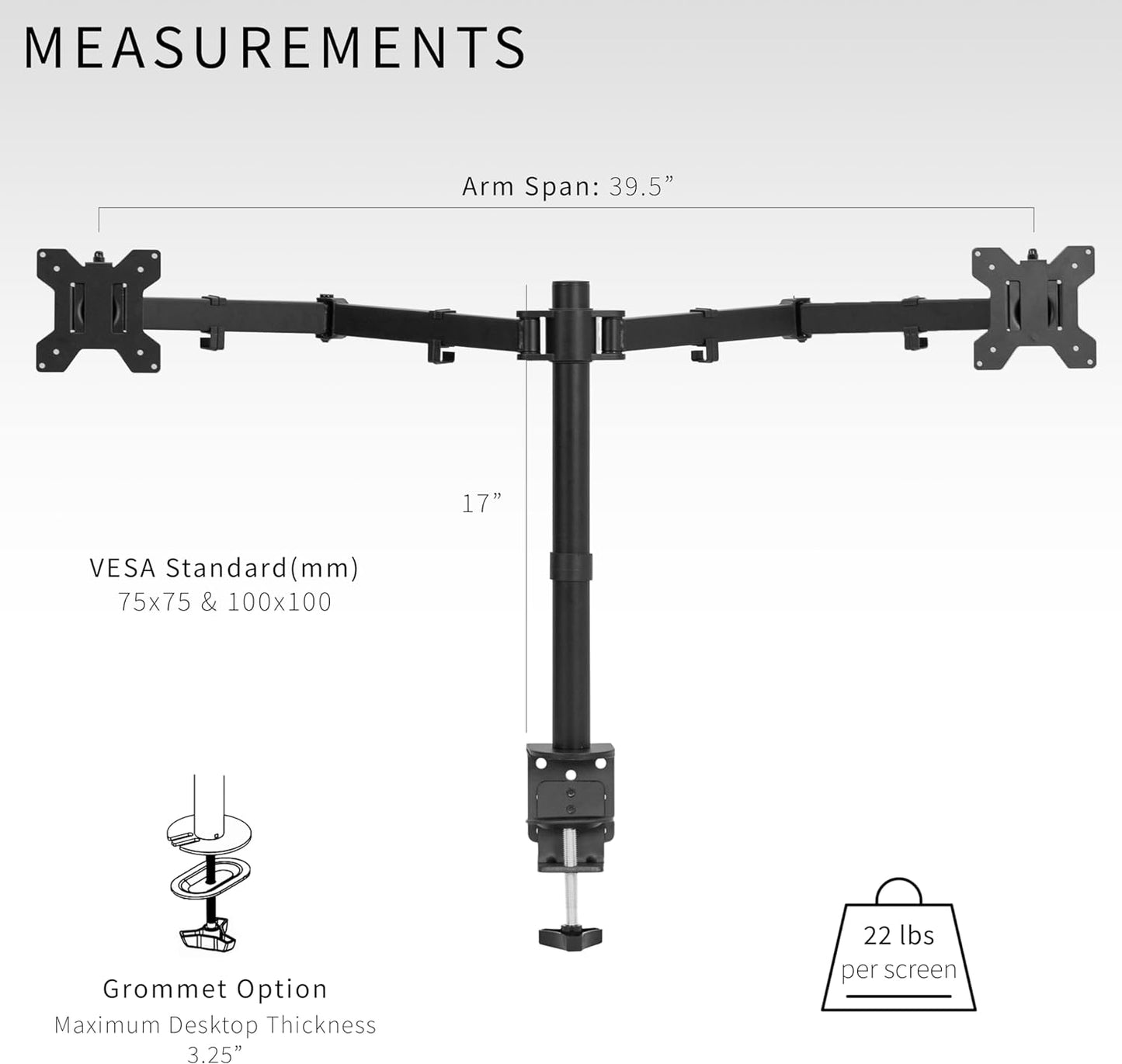 VIVO Dual Ultrawide Monitor Desk Mount, Heavy Duty Fully Adjustable Steel Stand, Holds 2 Computer Screens up to 38 inches and Max 10kg Each, Black, STAND-V038