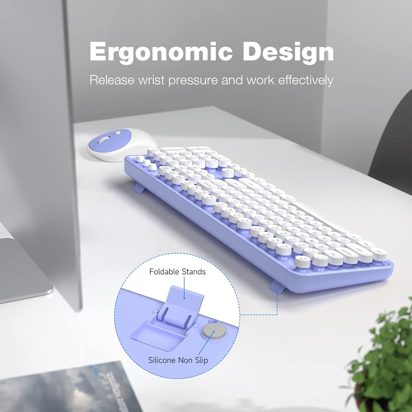Wireless Keyboard and Mouse Combo, MOWUX Full Size Typewriter Retro Round Computer Keyboard, Mouse Wireless, Plug and Play, for Laptop, PC, Computer- Purple
