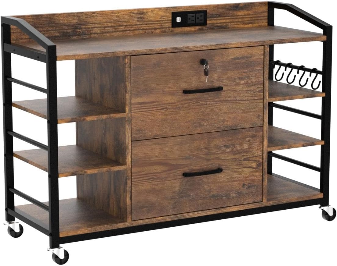 SEDETA 44" File Cabinet, Filing Cabinet fits Legal/Letter Size, 2 Drawer File Cabinets for Home Office with Lock, Power Strip, 6 Storage Shelves, Rustic Brown