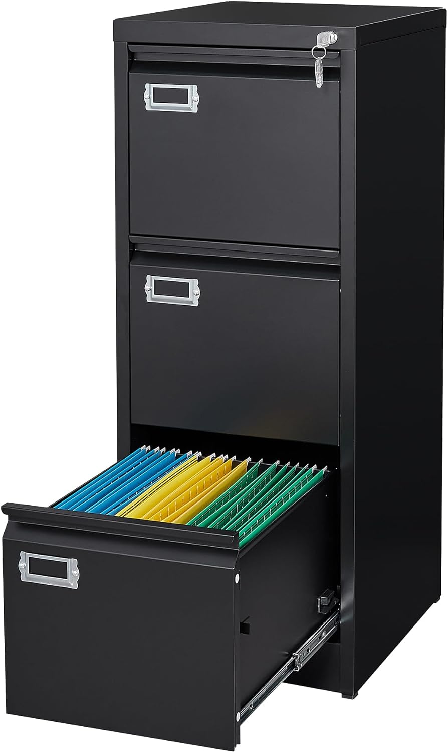 MIIIKO 3 Drawer File Cabinet, Black Metal Vertical Filing Cabinet with Lock, Home Office File Folders Storage Cabinet for Letter Legal A4 File Size