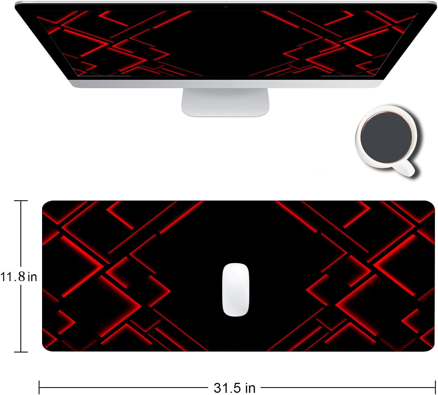 Large Mouse Pad Gaming, Black Extended Mousepad with Stitched Edges, Non-Slip Rubber Base Keyboard Mouse Mat Desk Pad for Work, Game, Office, Home, 31.5 x 11.8 in, Red Ray