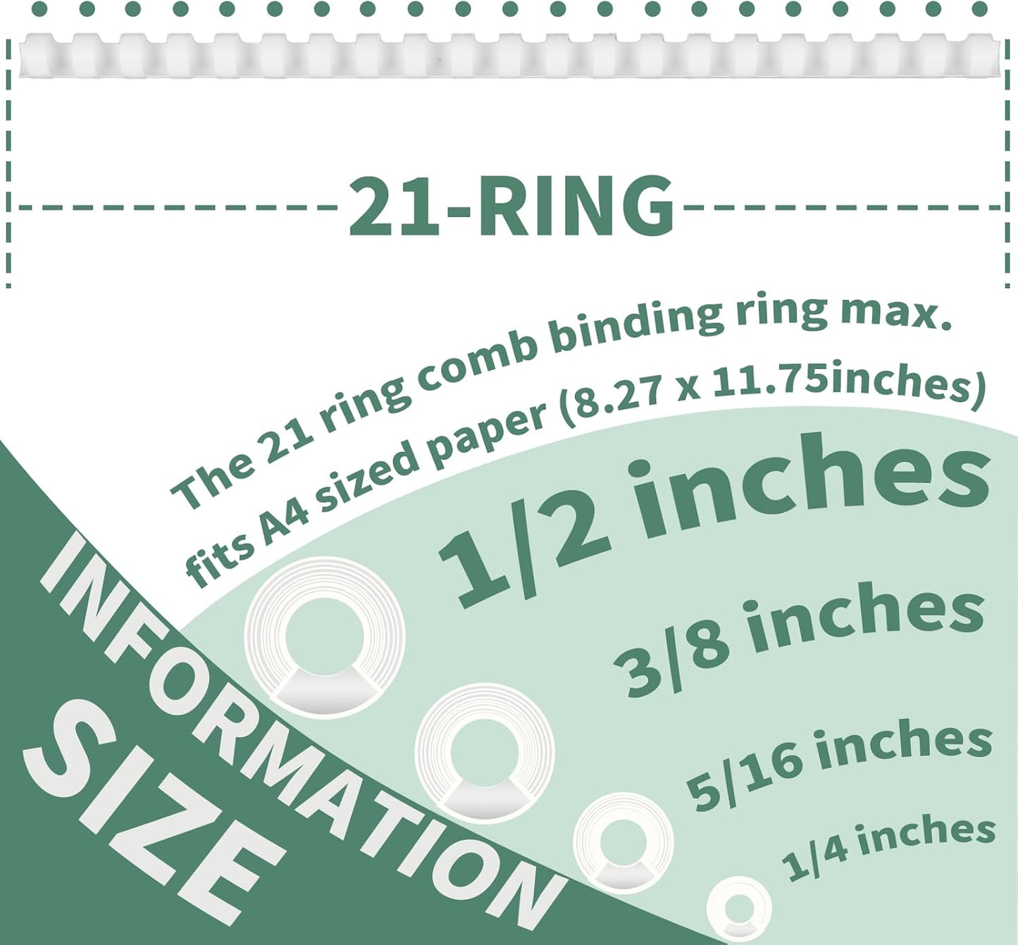 Plastic Binding Combs, Mixed Size, 21rings, 1/4in, 5/16in, 3/8in, 1/2in, Binding Capacity 20-90 Sheets, Max. Binding A4 Size Paper, White, Pack of 100