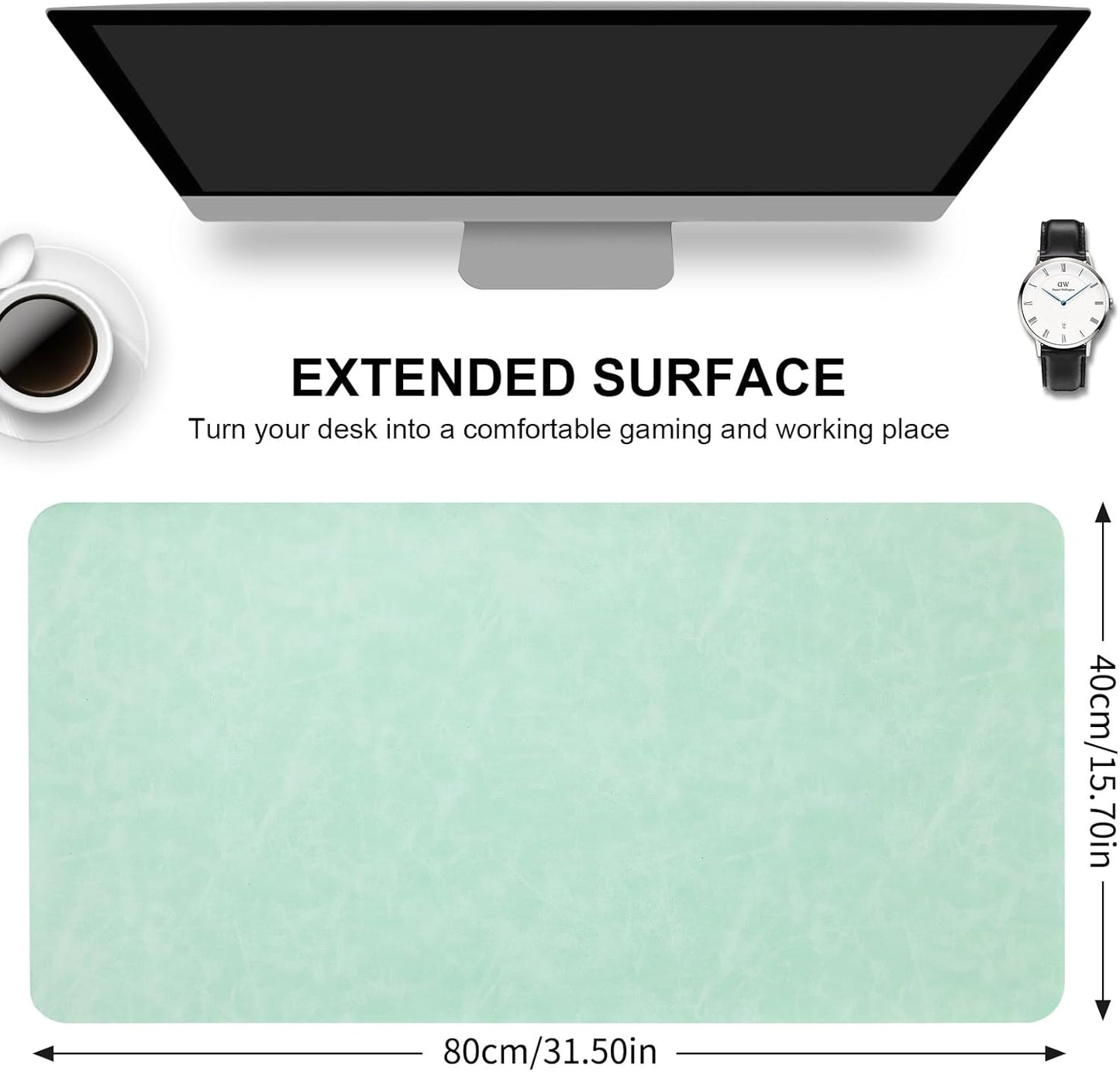 Crazy Horse Leather Desk Mat Large Mouse Pad Laptop Desk Pad Waterproof Non-Slip Table Blotter Desktop Writing Pad for Office and Home (Light Green, 90x43cm)