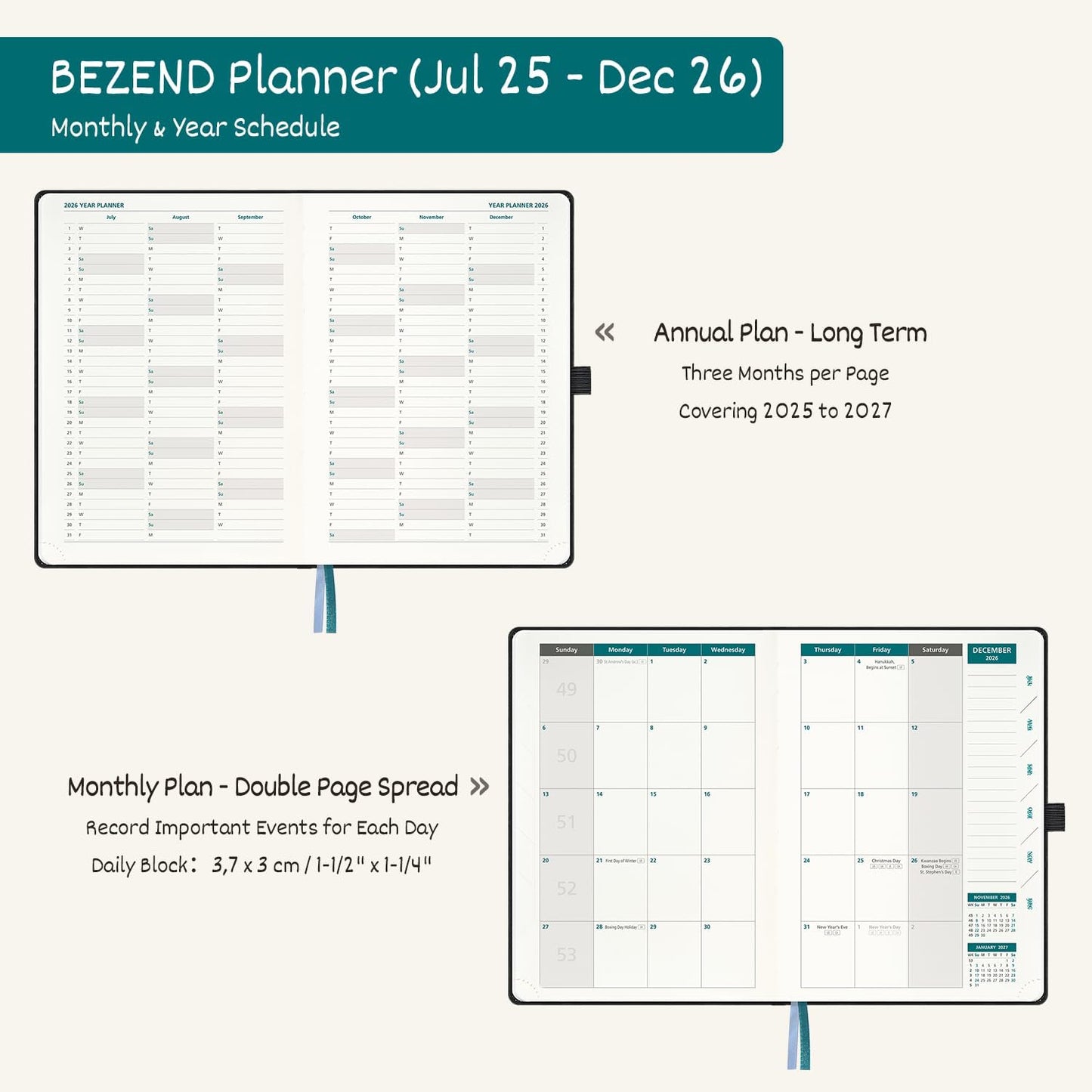 BEZEND Weekly Planner 2025-2026 with 2 Columns, 5.8" x 8.5" Academic Calendar 18 Months (Jul 25-Dec 26) Life Work Appointment Book with Monthly Tab, PU Leather Hardcover - Mustard