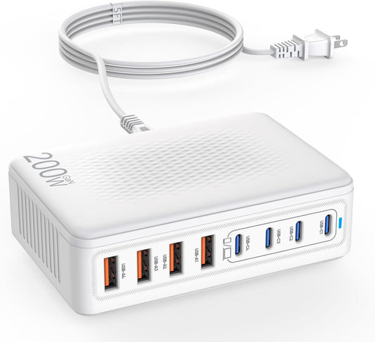 USB C Charger Block,200W GaN 8 Port USB C Charging Station USB Hub Block Cube Type C & USB A Wall Charger Power Adapter for Multiple Devices Apple iPhone 16/15/14,Steam Deck,MacBook Pro/Air,iPad Pro