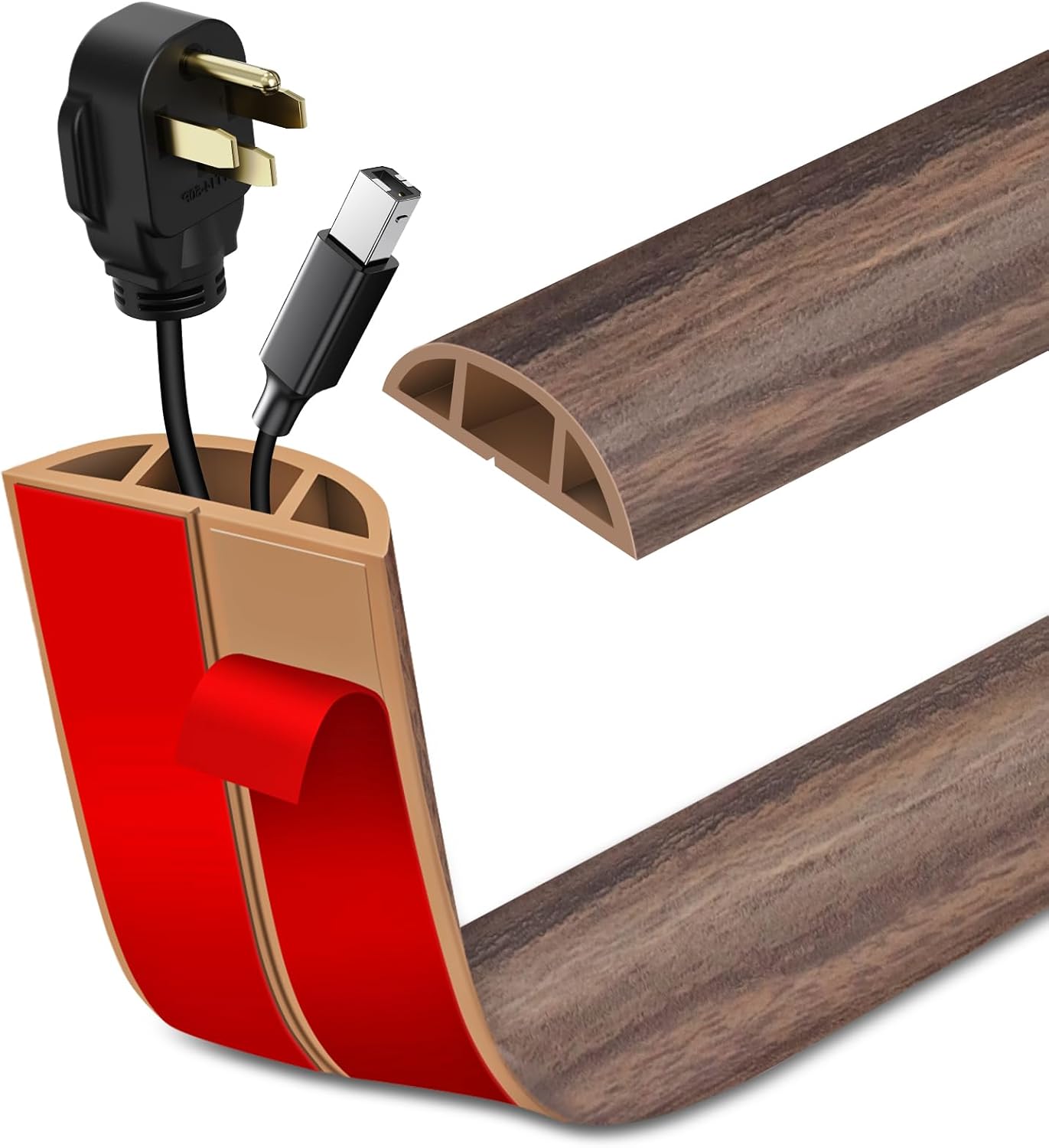 Floor Cord Cover Self Adhesive Cord Hider Floor Extension Cord Covers for Floor Power Cord Protector Cable Management Prevent Cable Trips Cable Cavity 0.51" W x 0.31" H (Smoked Brown Wood, 20Ft)