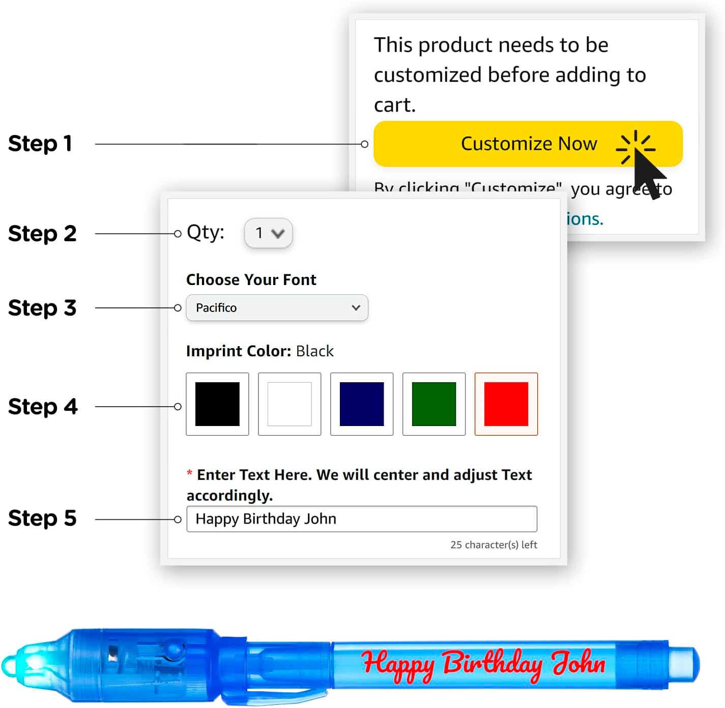 Personalized Invisible Disappearing Ink Pen Marker, Custom Secret Spy Message Writer with UV Light, Fun Activity Entertainment for Kid Party Favors Ideas Gifts and Stock Stuffers, 24 Pack, Blue