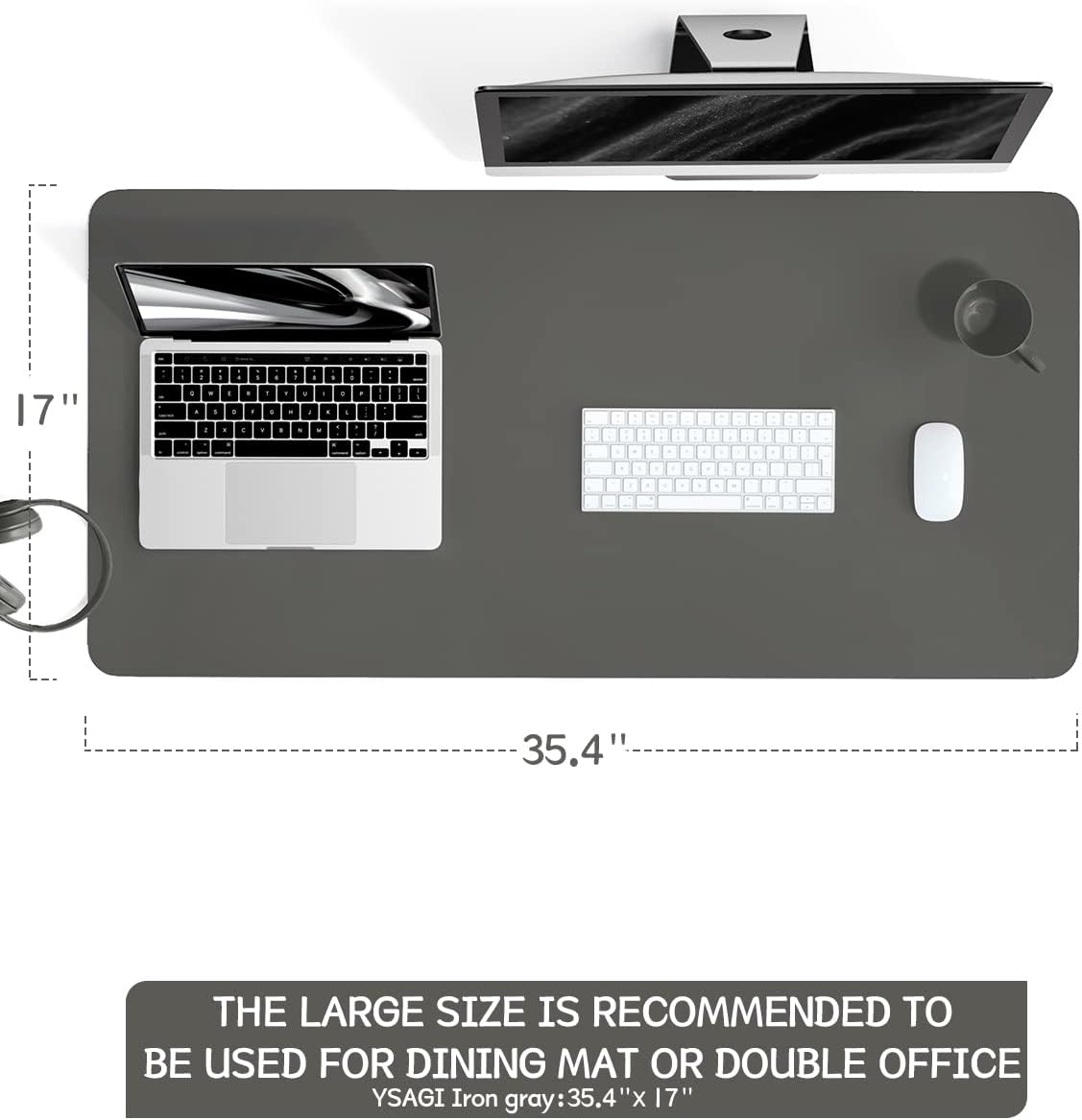 YSAGi Non-Slip Leather Desk Pad L Size, Waterproof Laptop Computer Desk Keyboard Mat, Table Protector Blotter Mat, Large Mouse Pad for Office/Work/Home/Decor(Dark Gray, 35.4" x 17")