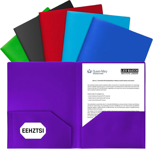 6-Pack Plastic Folders with Pockets,2-Pocket Poly Folders Holds 8-1/2" x 11" Paper for School/Office/Home, Assorted