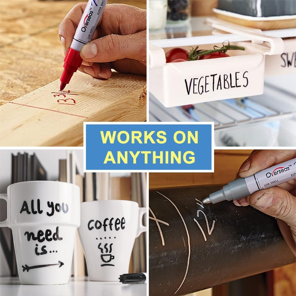 Overseas Permanent Paint Pens Paint Markers - 2 Pack White and Black Oil Based Markers, Quick Drying and Waterproof Marker Pen for Metal, Rock Painting, Wood, Rubber, Plastic, Canvas, Mug. Medium Tip