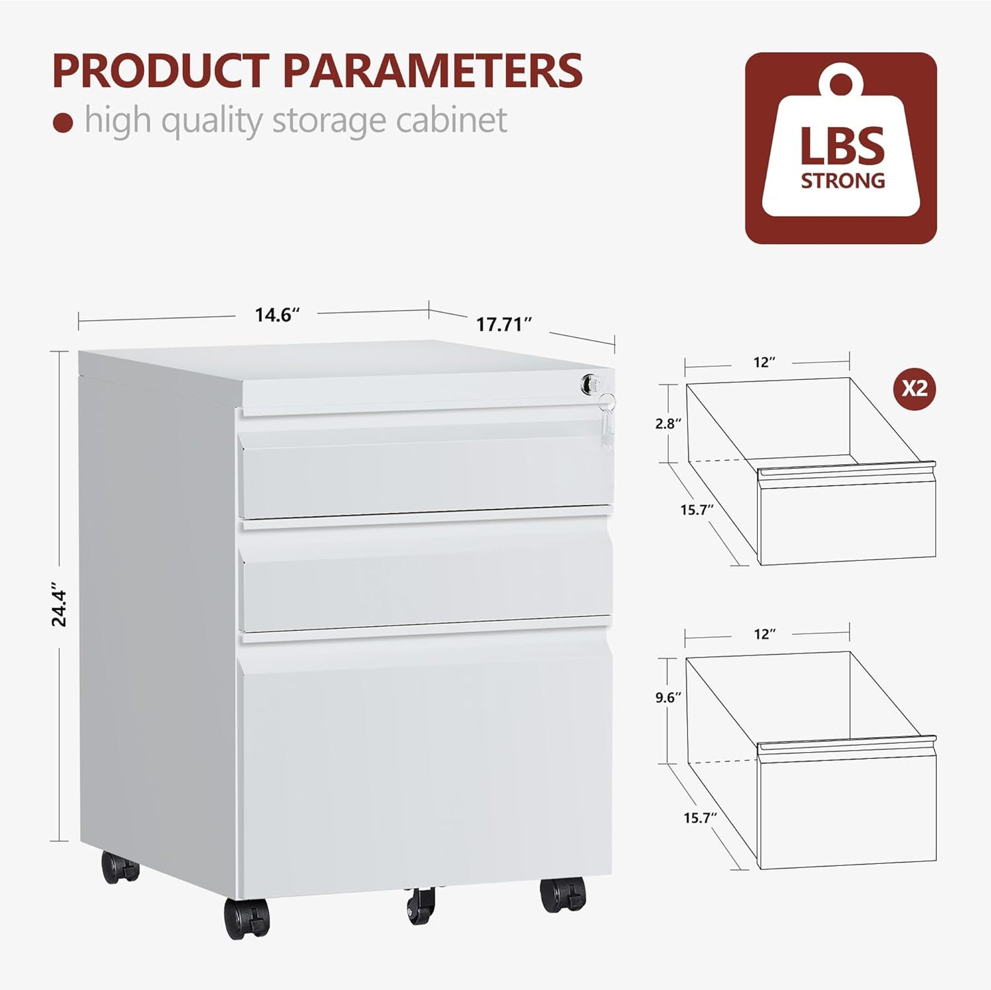 3 Drawer File Cabinet，Mobile Filing Cabinet with Lock and Wheels，Fully Assembled Metal Under Desk File Cabinets for A4/Letter/Legal Size（White