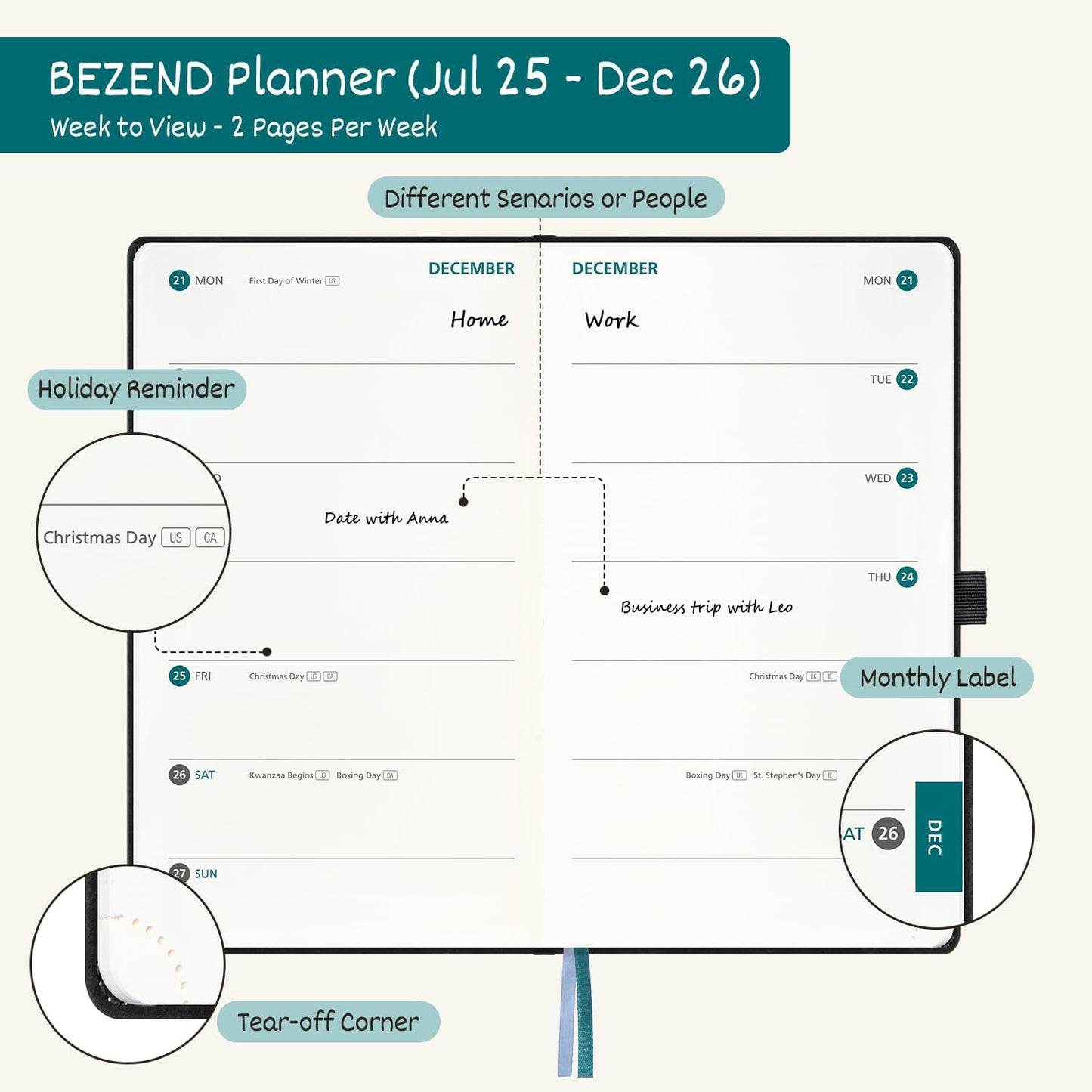 BEZEND Pocket Planner 2025-2026 Weekly with 2 Columns, 18-Month Academic Calendar (Jul 25-Dec 26), Life Work Appointment, Storage Pocket, Pen Holder, PU Leather Hardcover 3.5" x 6" - Prussian Blue
