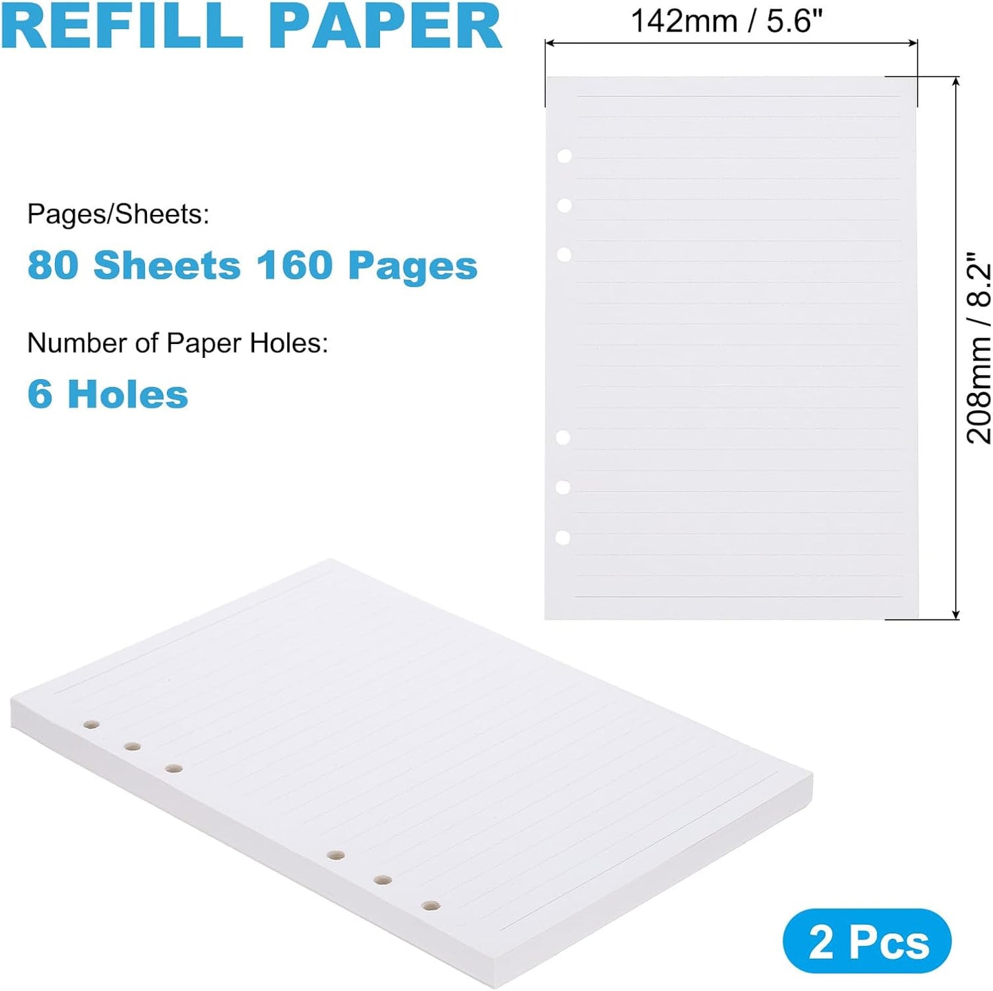 PATIKIL A5 Ruled Refills Inserts 6-Ring Binder Loose Leaf Planner Filler Paper Planner Inserts, 160 Sheets/320 Pages, Lined, White