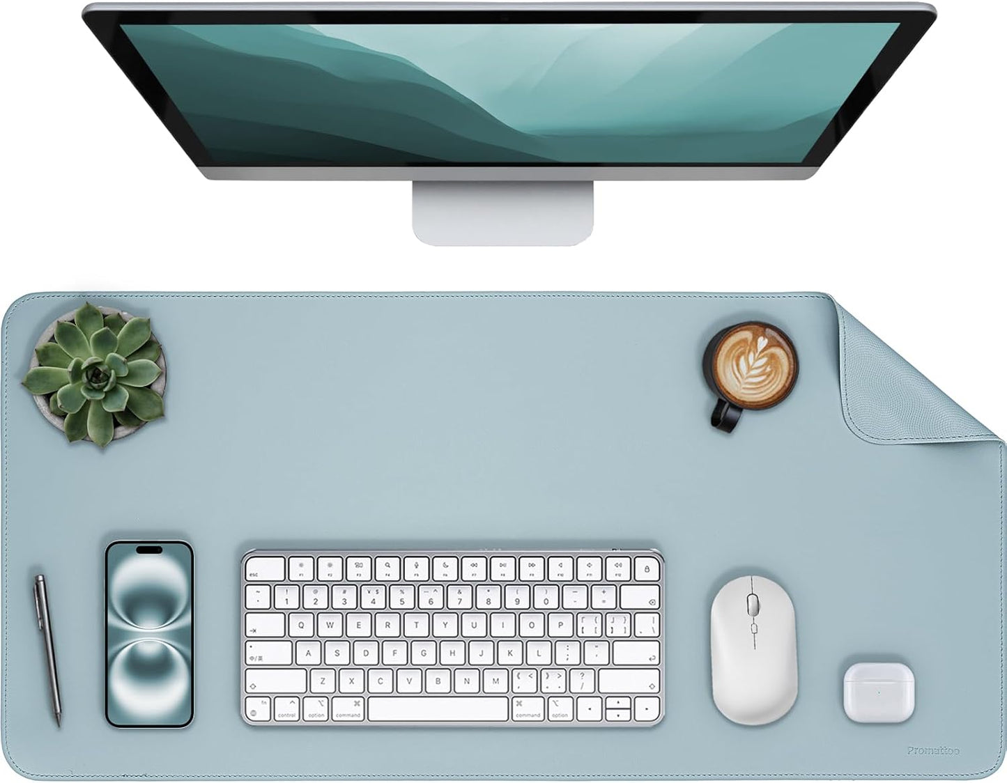 Oversized Non-Slip Desk Pad Protector – Grips Desk Firmly, Anti-Slip Like You've Never Seen! Vegan Leather Waterproof Laptop Mat for Keyboard & Mouse – Large Office Pad– Morning Fog Blue
