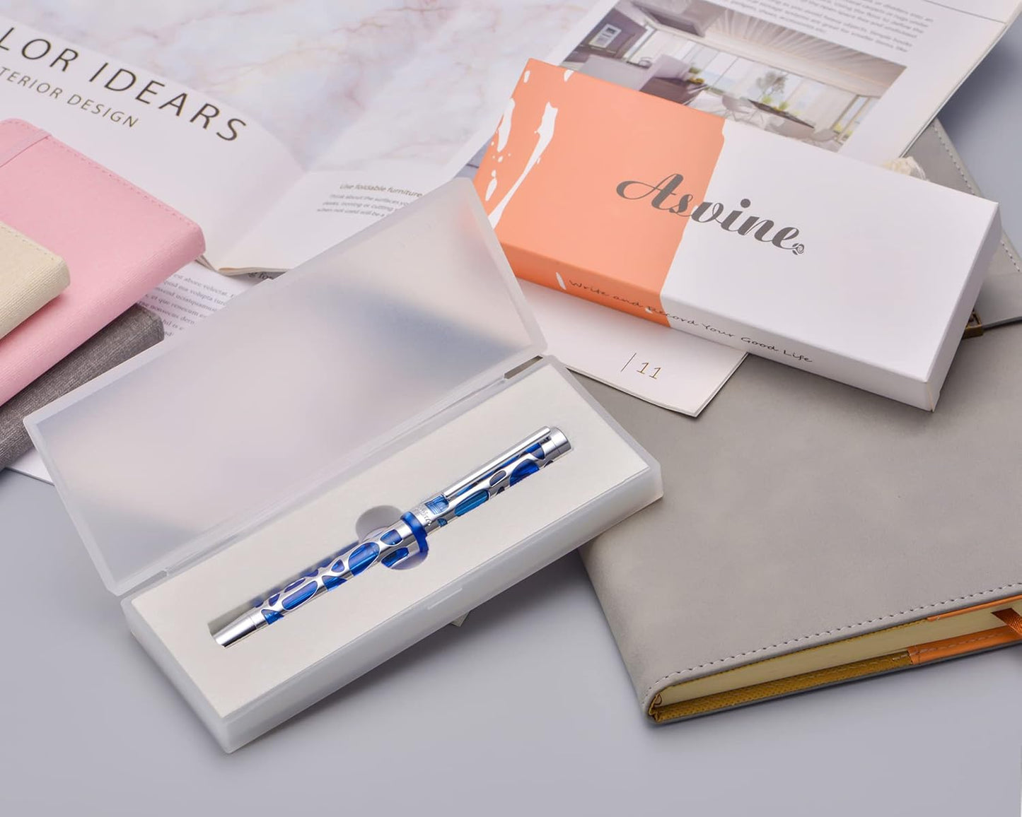 Asvine V169 Vacuum Filling Fountain Pen Extra Fine Nib, Water Drop Skeleton Transparent Blue Acrylic Pen Case Set